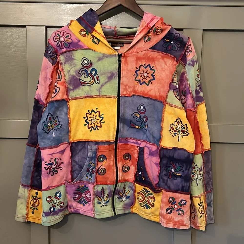 Rising International Patchwork Hippie Jacket Full Zip Hooded Sweatshirt Size XL